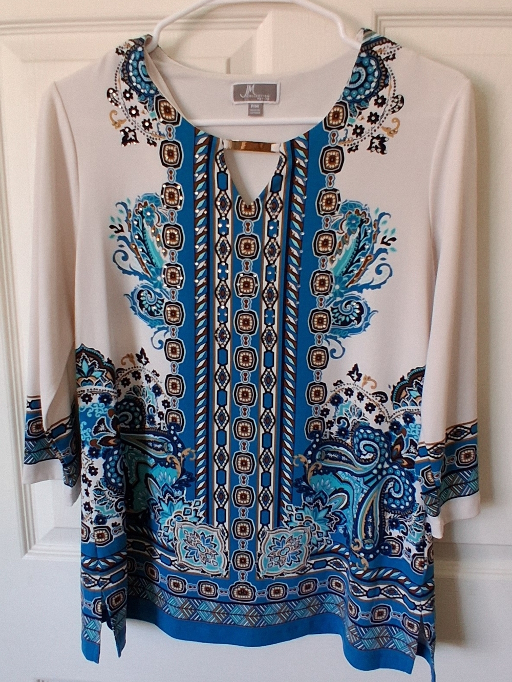 JM Collection Cream Tunic with Blue Paisley and Gold Accent